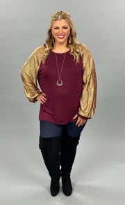 SALE! 29 CP-G {My Time To Shine} Maroon Gold Metallic Top w/ Cuffed Sleeve  PLUS SIZE XL 2X 3X