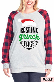 SALE! 32 GT-A {Grinch Face} Grey Red Plaid "Resting Grinch Face" Top PLUS SIZE XL 2X 3X