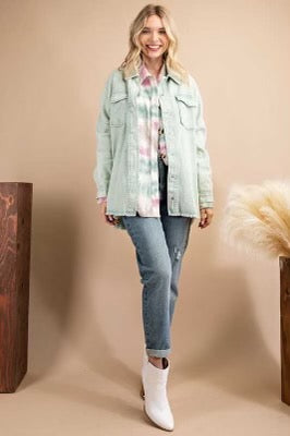 SALE!! 93 OT-A {Frayed Sweetness} Washed Sage Denim Jacket PLUS SIZE 1X 2X 3X