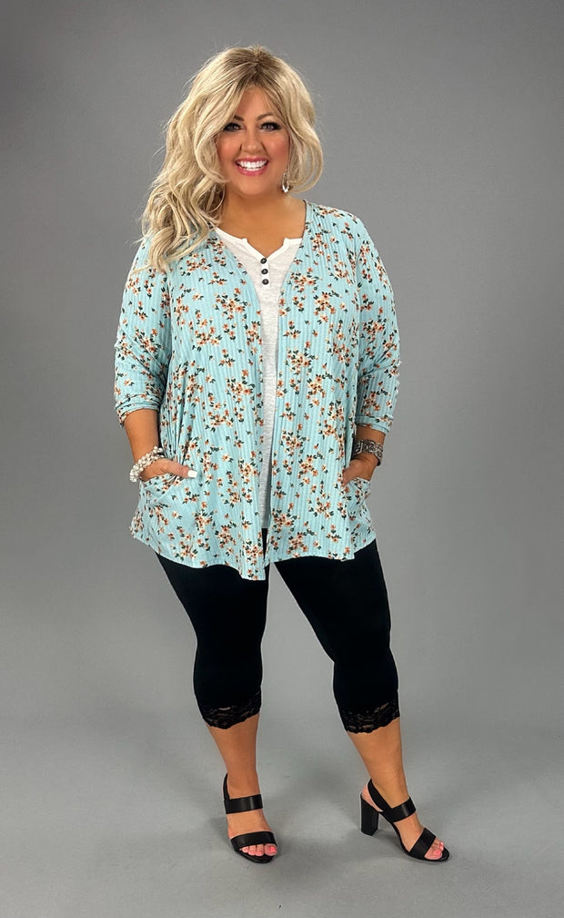 49 OT-B {Raise Your Standard} Aqua Floral Ribbed Cardigan PLUS SIZE 1X 2X 3X 4X 5X 6X