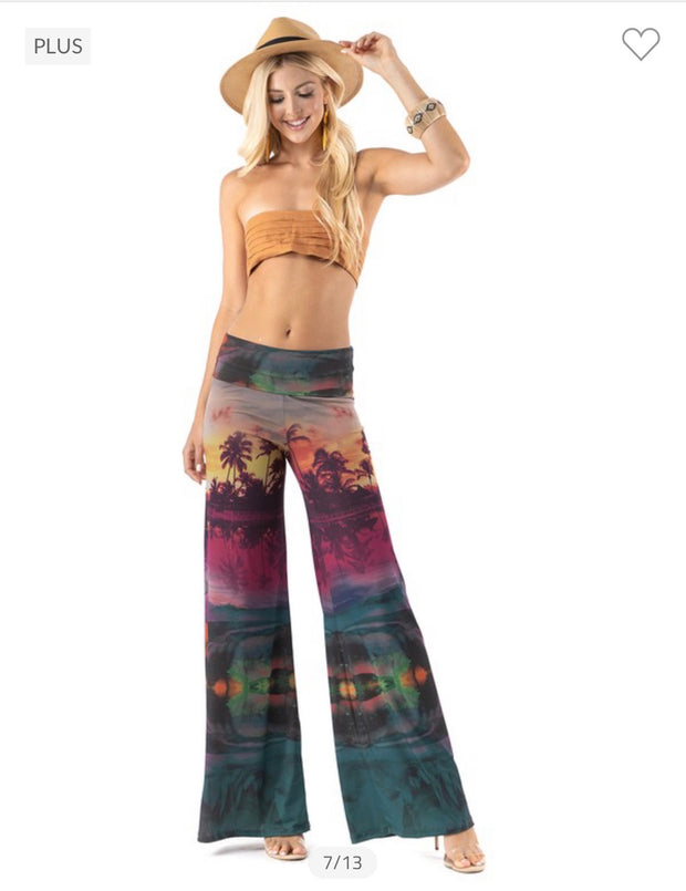 BT-D {Sunset Inspired} Multi-Color Sunset Print Palazzo Pants  PLUS SIZE 1X 2X 3X