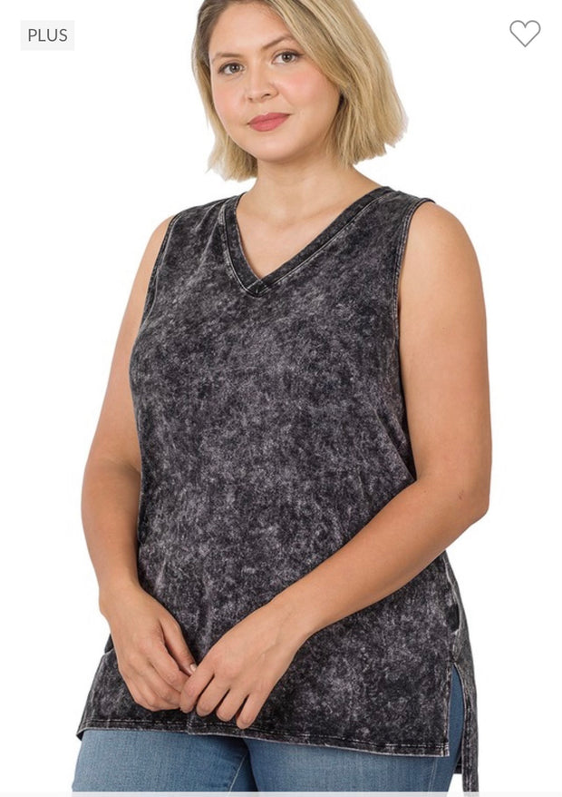 SALE!! 44 SV-B {Ease Along} Charcoal Mineral Wash Sleeveless Top PLUS SIZE 1X 2X 3X