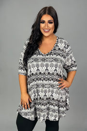 43 PSS {Hidden Treasure} Black/Ivory Tribal Print Top EXTENDED PLUS SIZE 3X 4X 5X