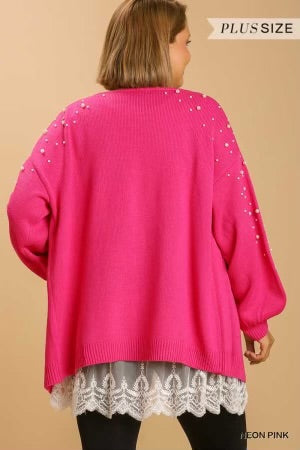 SALE!! 18 OT-B {Jazzy Pink} Umgee Neon Pink/Pearl Sweater Cardigan PLUS SIZE XL 1X 2X