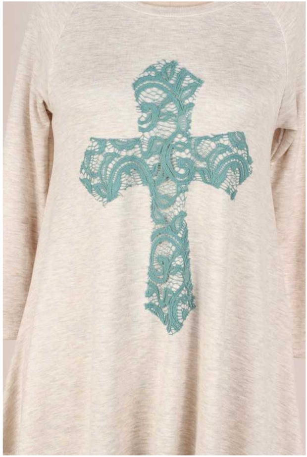 29  GT-D {Don't Cross Me} Oatmeal Blue Cross Detail Top  PLUS SIZE XL 2X 3X