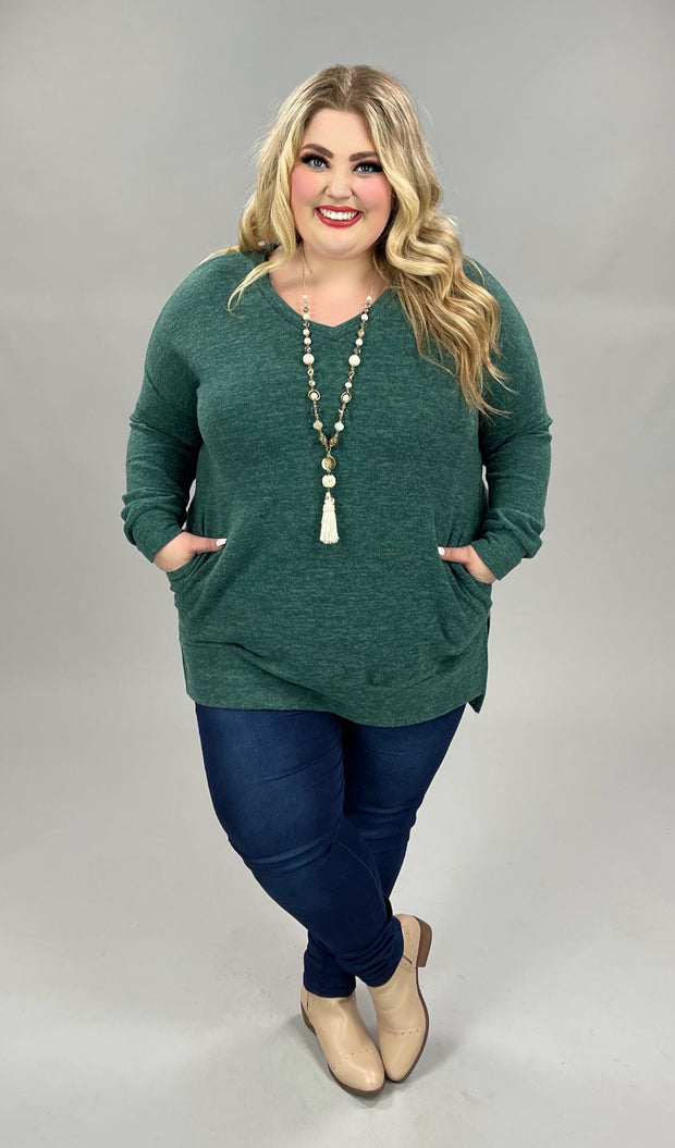 56 SLS-J {Cozy Nights} Hunter Green V-Neck Top PLUS SIZE 1X 2X 3X