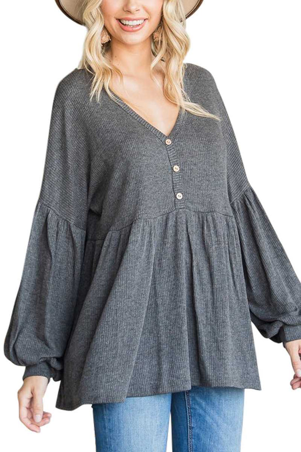 36   SLS-G {Talk Of The Town} Charcoal Babydoll Ribbed Top PLUS SIZE 1X 2X 3X