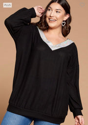 SALE! 13 SD-A {Va Va Voom} Black Sweater W/Silver V-Neck PLUS  SIZE 1X 2X 3X