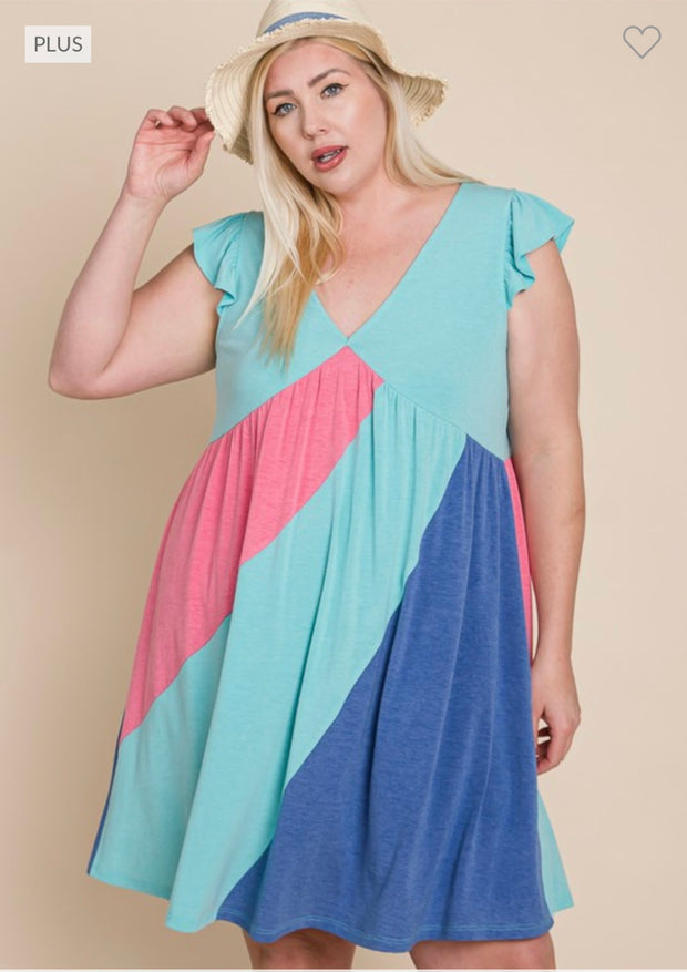 94 PSS-U {Lattes First} Mint Color Block V-Neck Dress PLUS SIZE 1X 2X 3X