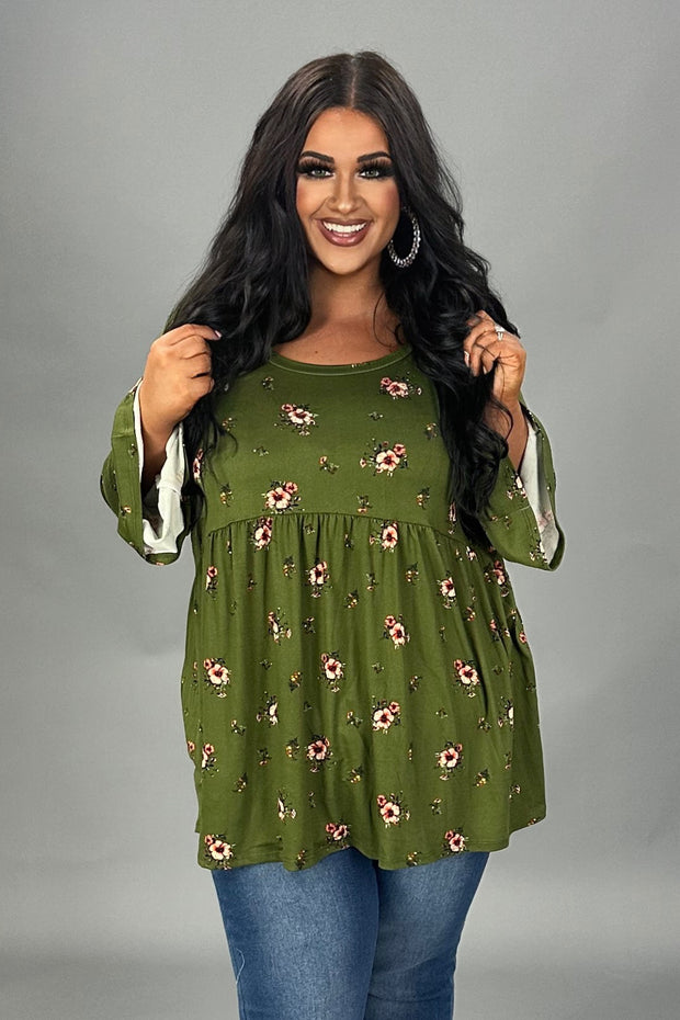 SALE! 13 PQ {Weekend Ready} Olive Floral Babydoll Top PLUS SIZE XL 2X 3X