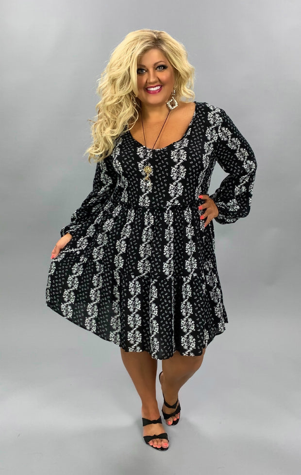 SALE!!  PLS-A {Little Darling}  Black & Ivory Floral  Print Elastic Sleeve   Dress