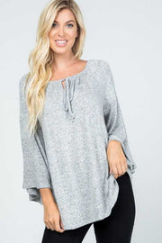 33 SQ {Ticket To Cozy} Heather Grey Top w/Neck Tie PLUS SIZE XL 2X 3X