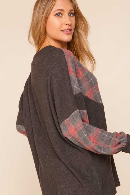 SALE! 45 CP-E {Wish I Could} Charcoal Plaid Fleece Bubble Sleeve Tunic Plus Size 1X 2X 3X