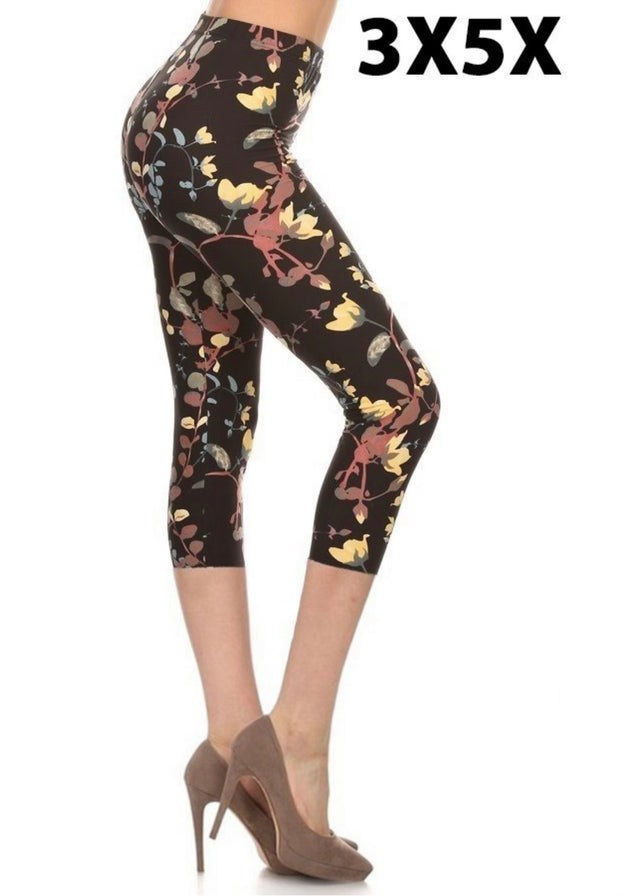 SALE!! LEG-45 {Blooming Tree} Yellow Floral Butter Soft Capri Leggings  EXTENDED PLUS SIZE 3X/5X