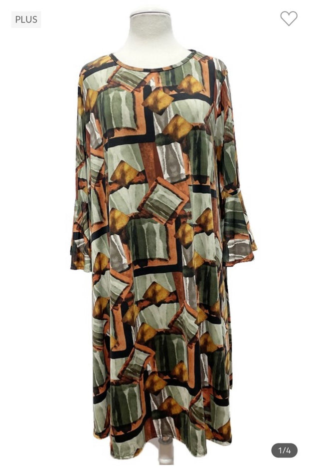 SALE!! 79 PQ-A {Diamonds Floating} Olive/Rust Print Dress SALE!!!  EXTENDED PLUS SIZE 3X 4X 5X