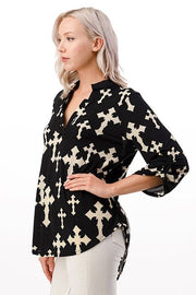 SALE!! 81 PQ-A {Near The Cross} Black Cross Print Roll-Tab Sleeve Top PLUS SIZE 1X 2X 3X