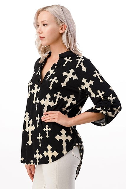 SALE!! 81 PQ-A {Near The Cross} Black Cross Print Roll-Tab Sleeve Top PLUS SIZE 1X 2X 3X