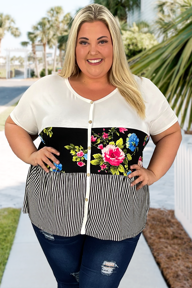 36 CP-U {So Hopeful} Black Floral Stripe Print Top PLUS SIZE 1X 2X 3X