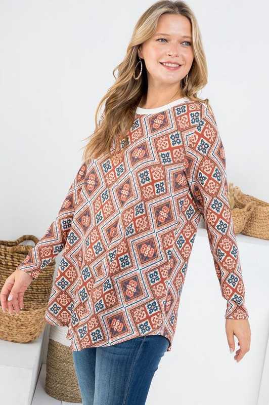 26 PLS {Favorite Day} Rust/Navy Print Long Sleeve Top PLUS SIZE XL 2X 3X