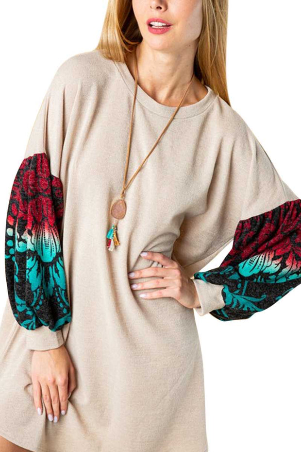 SALE!! CP-O {My Best Mood} Tan Teal Red Print Sleeve Knit Top PLUS SIZE XL 2X 3X