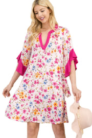 SALE!! 33 CP-B {Flowers Speak To Me} Fuchsia Floral Ruffle Sleeve Dress PLUS SIZE XL 2X 3X