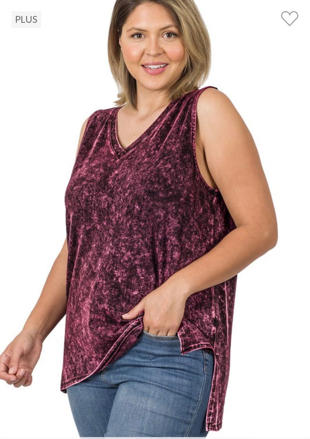 SALE!! 44 SV-G {Ease Along} Dark Burgundy Mineral Wash Sleeveless Top PLUS SIZE 1X 2X 3X