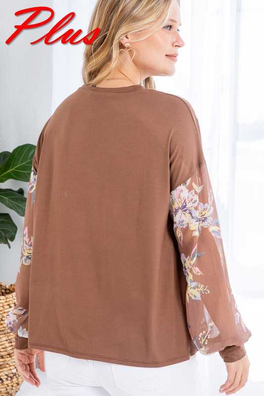 27 PLS {Pick A Flower} Mocha Top w/ Sheer Floral Sleeves PLUS SIZE 1X 2X 3X