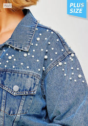 41 OT-B   {Elegant Denim}  Denim Jacket with Pearl Detail (RUNS SMALL) PLUS SIZE 1X/2X 2X/3X