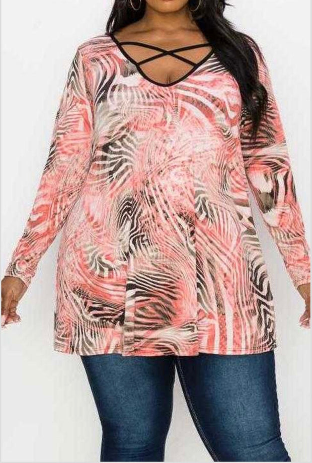 SALE!! 26 CP-E {Zoned For Beauty} Pink Print  Criss-Cross Tunic EXTENDED PLUS SIZE 4X 5X 6X