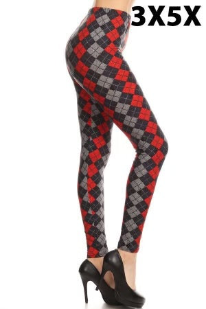 LEG-38 {Making Up} Red Argyle Print Full Length Leggings  EXTENDED PLUS SIZE 3X/5X