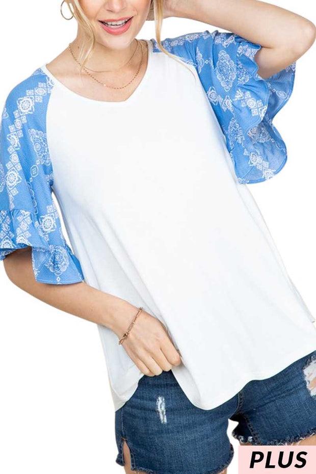 84 CP-E {Dreaming Of Love} Ivory/Denim Blue Print Top PLUS SIZE 1X 2X 3X