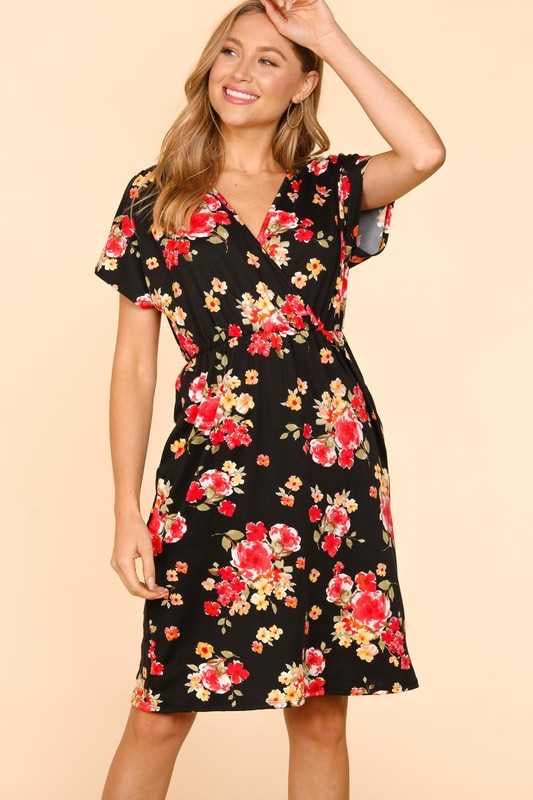 13 PSS-Z {Can You See It} Black Floral Dress w/Pockets PLUS SIZE XL 2X 3X