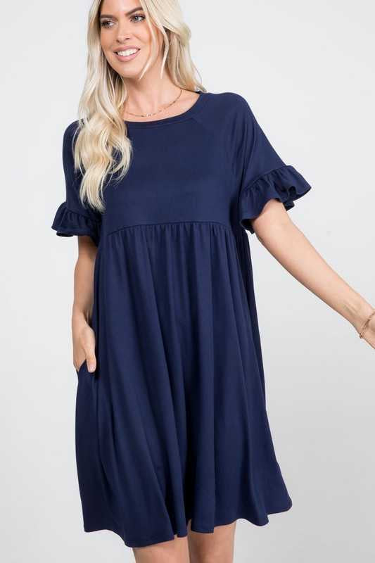 SALE!! 20 SSS-L {My Own Time} Navy Babydoll Ruffle Sleeve Dress PLUS SIZE 1X 2X 3X