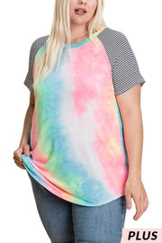 33 CP-P {All I Know} Neon Coral Tie Dye Stripe Sleeve Top PLUS SIZE XL 2X 3X