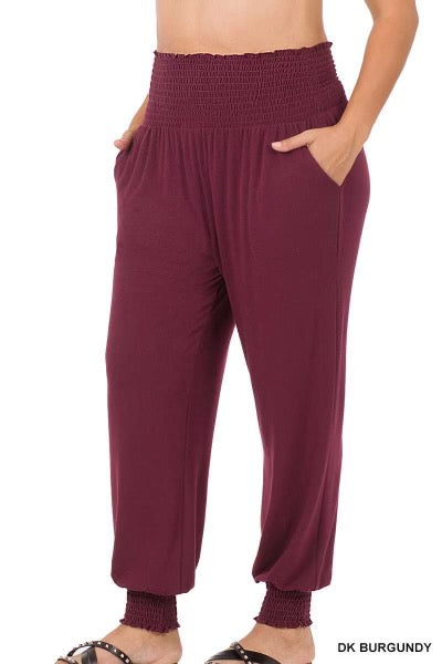 SALE!! BT-99 {Going Anywhere}  Dk. Burgundy Smocked Cuff Jogging Pants   PLUS SIZE 1X 2X 3X