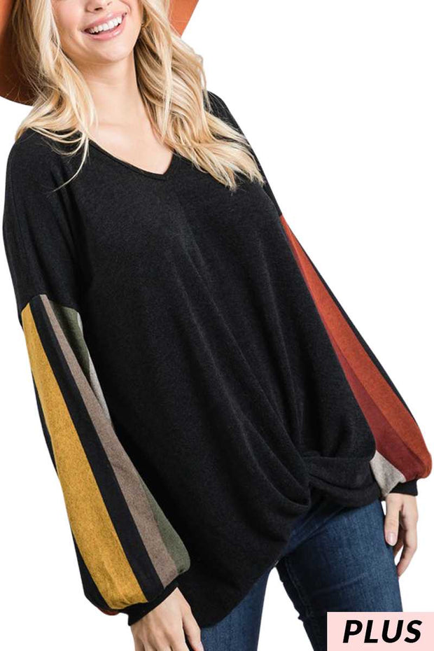 SALE!! 31 CP-A {Cozy Time}   Black Rust Striped Sleeve Top  PLUS SIZE XL 2X 3X