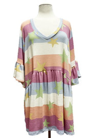 84 PSS {Friendly Stars} Pastel Multi-Color Star Print Babydoll Top PLUS SIZE 3X