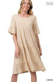 SALE!! 11 SSS-H {All The Buzz} H. Beige Tiered Ruffle Sleeve Dress PLUS SIZE 1X 2X 3X