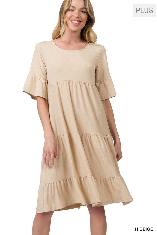 SALE!! 11 SSS-H {All The Buzz} H. Beige Tiered Ruffle Sleeve Dress PLUS SIZE 1X 2X 3X