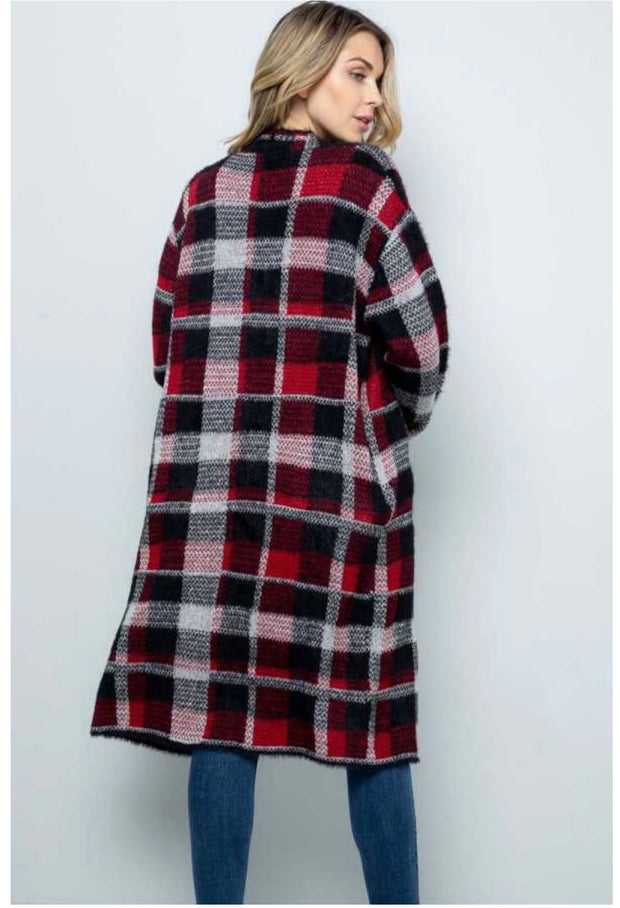 SALE!! 93 OT-D {Feel The Chill} Red/Black Plaid Long Cardigan  PLUS SIZE 1X/2X  2X/3X