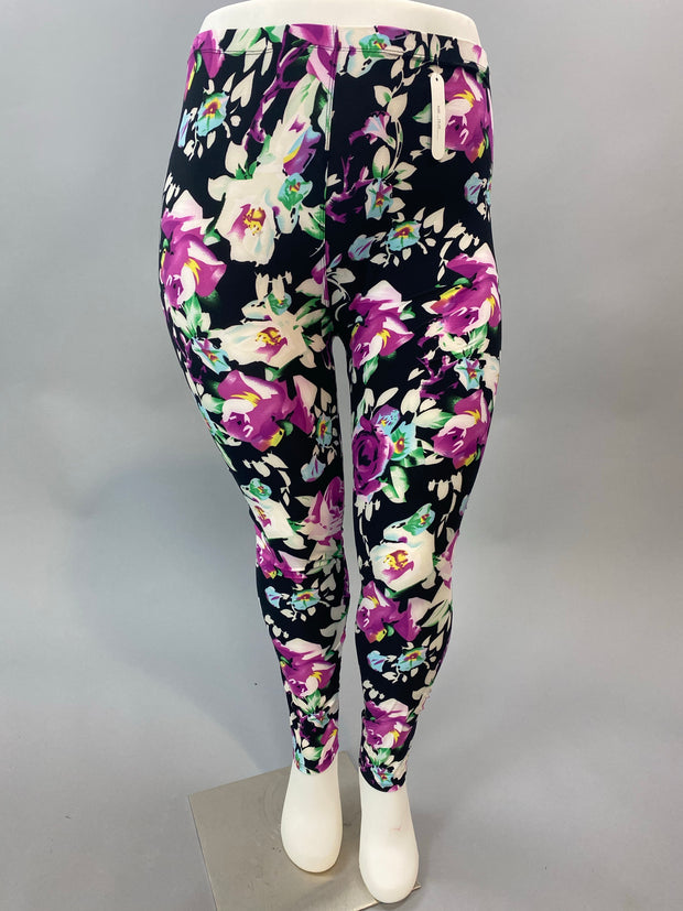 BT-99 {Rose Garden} Black/Magenta Floral Print Leggings PLUS SIZE 1X/2X