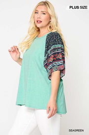 SALE!! 54 CP-A {Aqua Garden} Aqua Tunic w Floral Sleeves Plus Size XL 2X 3X