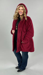 SALE! 35 OT-E {Cozy Vibes} Burgundy Plush Cardigan W/Hood PLUS SIZE 1X 2X 3X