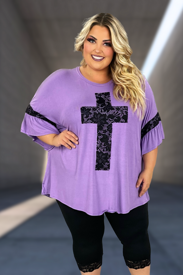 44 SD-S {At The Cross} Lilac/Black Lace Cross & Sleeve Detail Top PLUS SIZE XL 2X 3X 4X 5X 6X