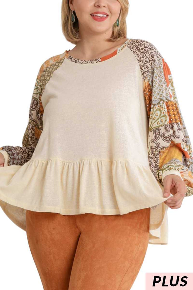 32 CP {Back To Work} Cream Top w/ Fall Mixed Print Sleeve PLUS SIZE XL 1X 2X