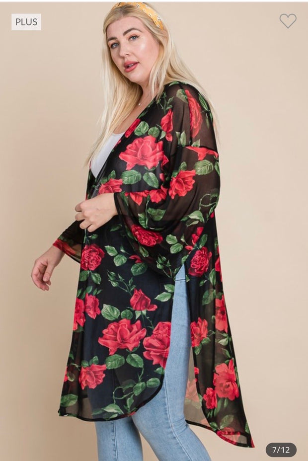 SALE!! LD-T {The Rose Wins} Black/Red Rose Print Kimono PLUS SIZE 1X 2X 3X