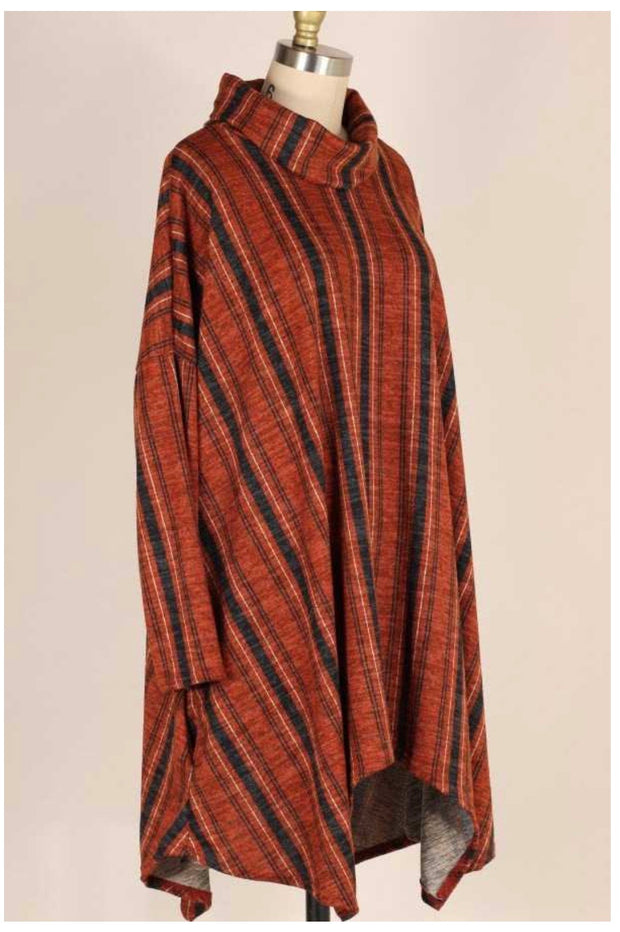 SALE!! PQ-M {Time Together} Rust Black Stripe Cowl Neck Tunic PLUS SIZE XL 2X 3X