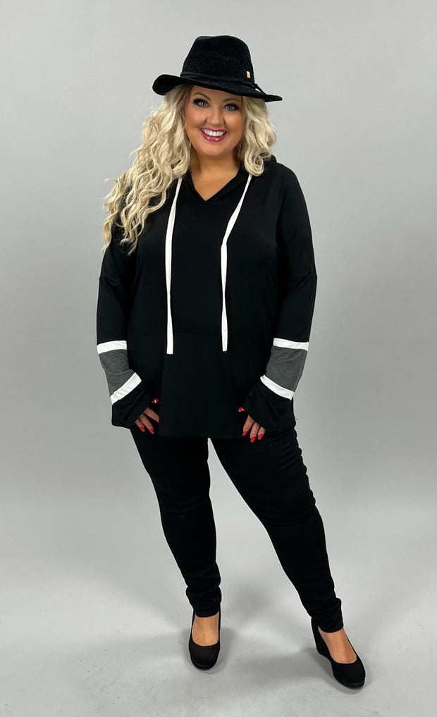 30 HD-A {Zip Around Town} Black/Ivory Contrast Hoodie   PLUS SIZE 1X 2X 3X