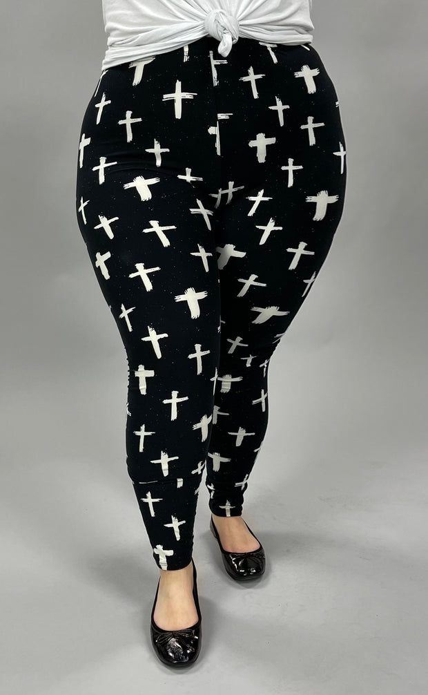 LEG-13 {Glamorous Crosses} Cross Printed Black Leggings EXTENDED PLUS SIZE 3X/5X