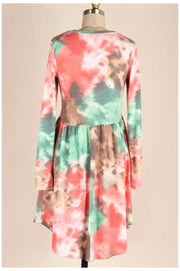 SALE!! PLS-V {Stay Humble} Pink, Aqua, Brown Tie Dye Babydoll Dress PLUS SIZE 1X 2X 3X